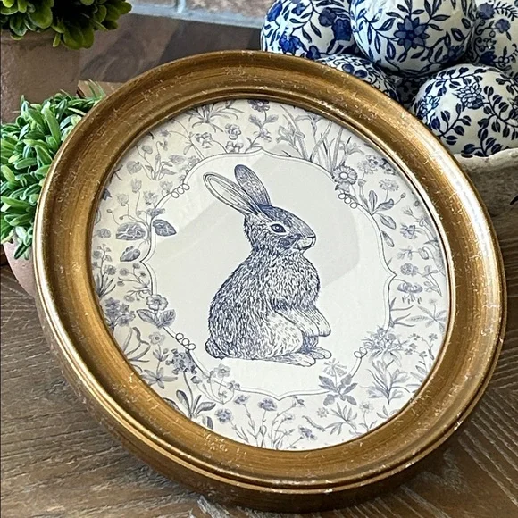 NEW! Vintage Inspired Blue & White French Toile Floral Bunny Rabbit Wall Art - Picture 3 of 6